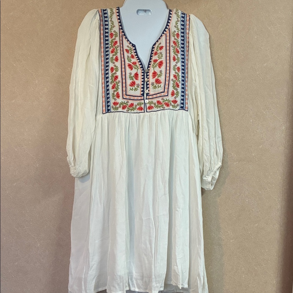 Forever 21 Ivory Boho Dress with Colorful Embroidery